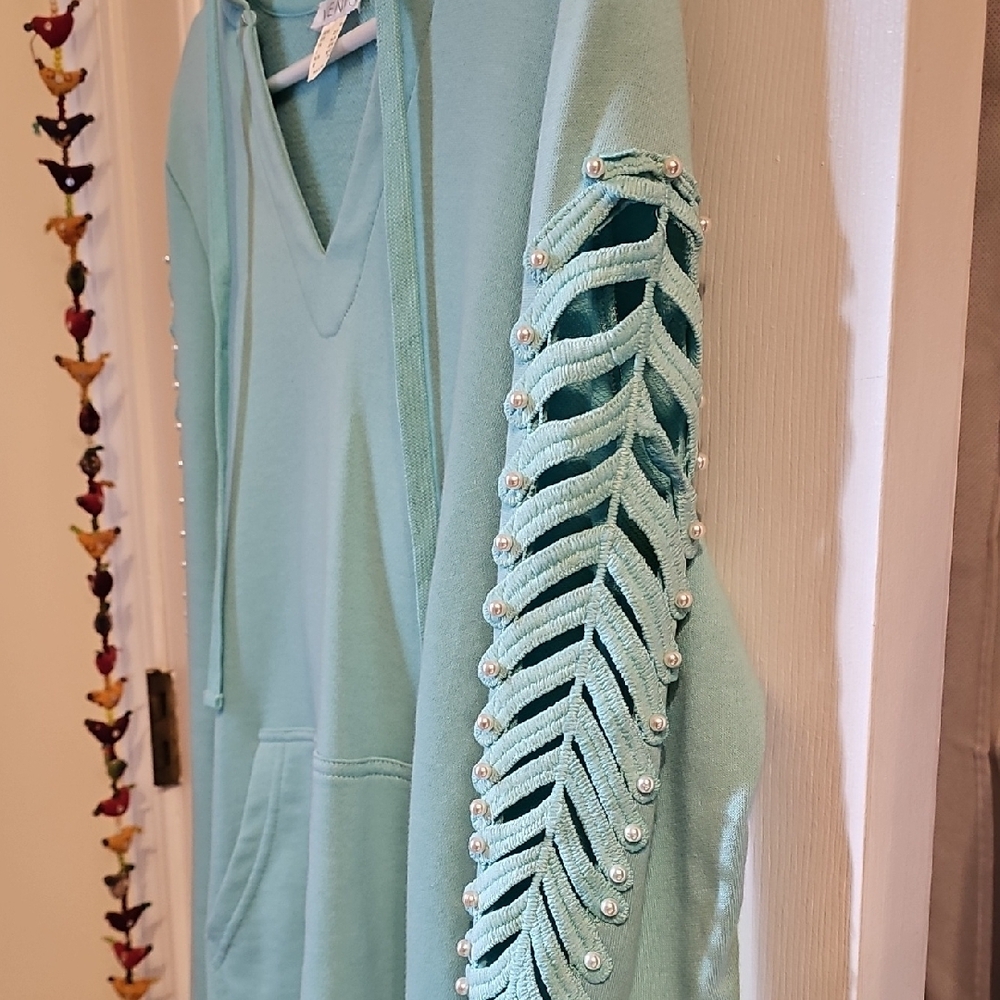 VENUS Pastel Mint Green Long Sleeve Relaxed Hoodie with pearl accents on sleeves